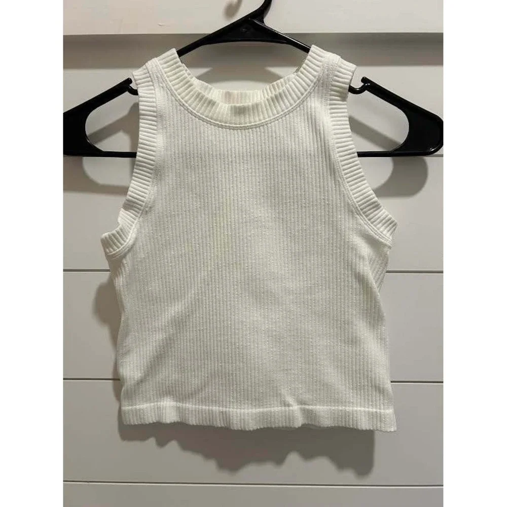 Aura Womens White Ribbed High Neck Tank Top Sleeveless Crop Top Size M/L - Picture 2 of 5